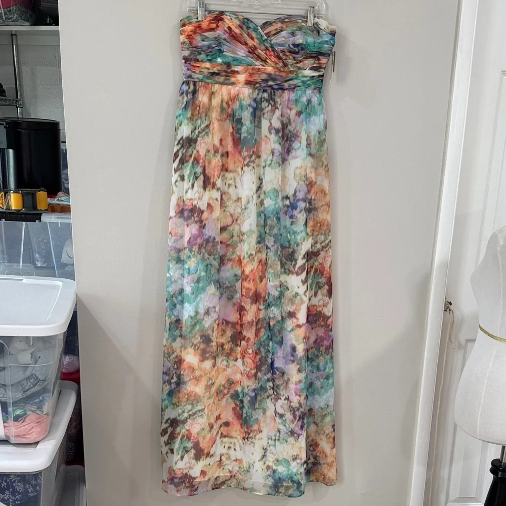 NWT Aidan Mattox Strapless Floral Watercolor chiffon formal Maxi Dress wedding - Picture 2 of 9